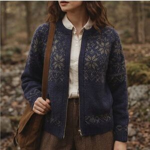 Vintage Gap Navy Blue Fair Isle Snowflake Zip-Up Wool Blend Cardigan Sweater